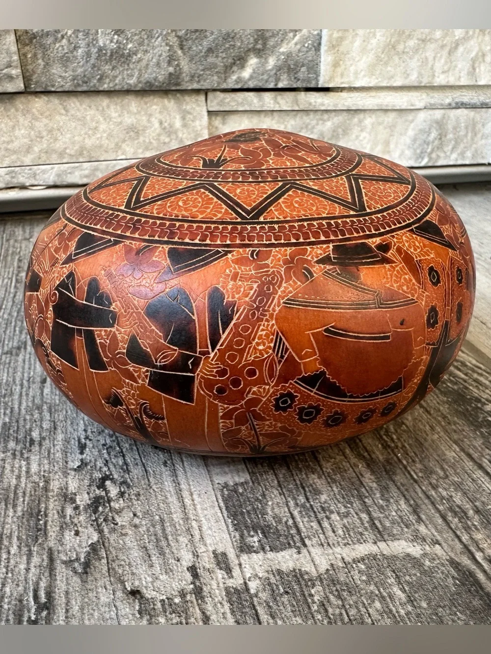 Vintage Hand Carved Gourd Peruvian  Decor Art